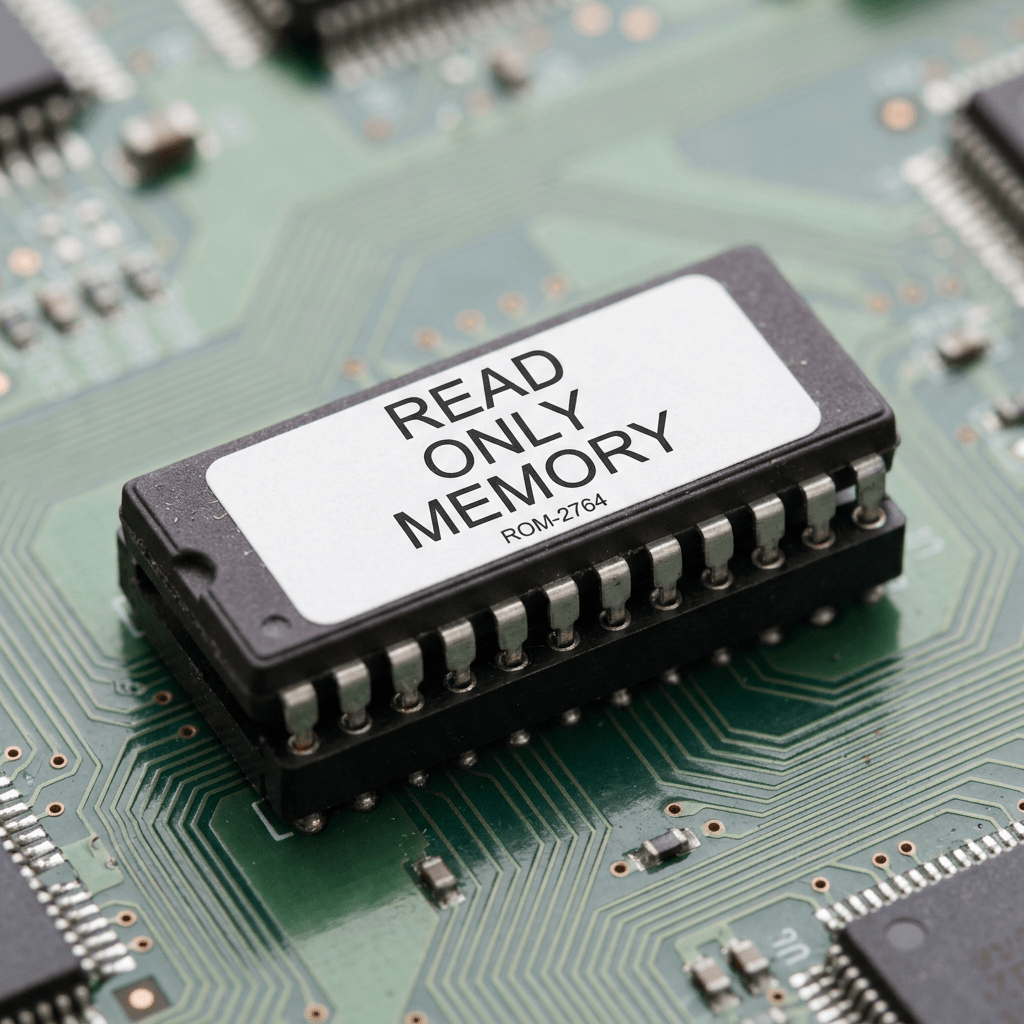 Read-only memory chip ROM-2764 mounted on a green circuit board with visible electronic components