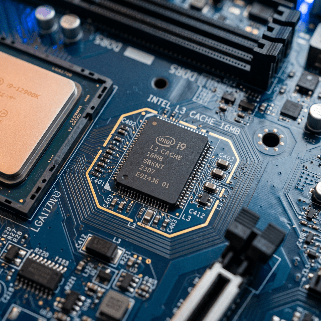 Intel i9 L3 cache 16MB chip on blue motherboard circuit board