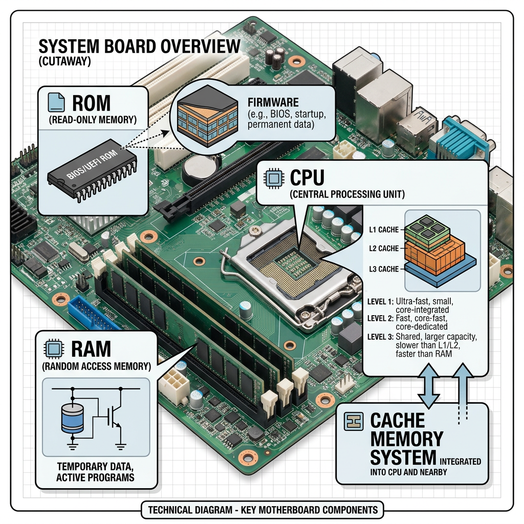 Technical diagram of a motherboard showing CPU, RAM, ROM, and cache memory system with labeled callouts